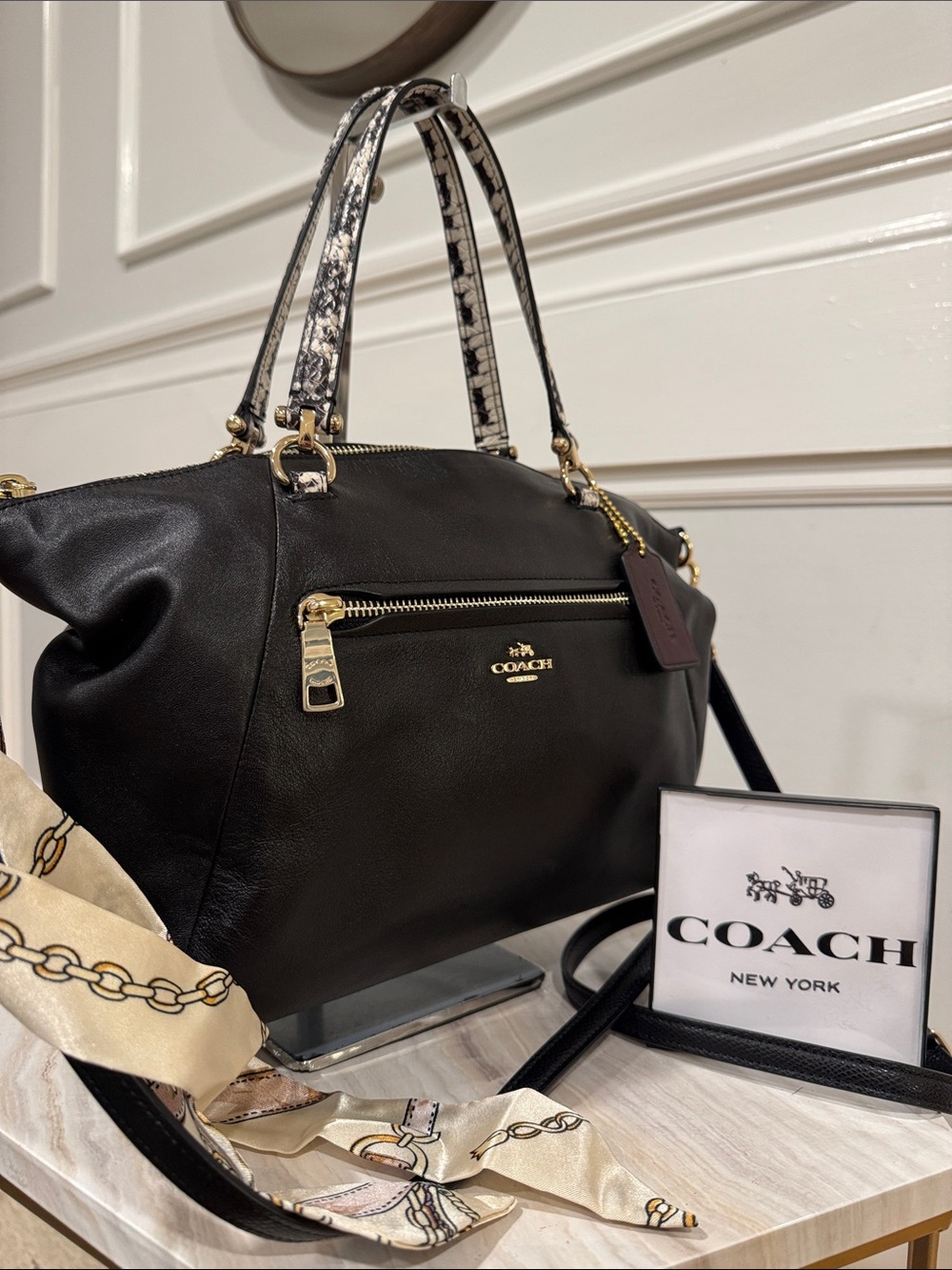 Coach Bag Prairie Black Leather Satchel with Snake Embossed Handles